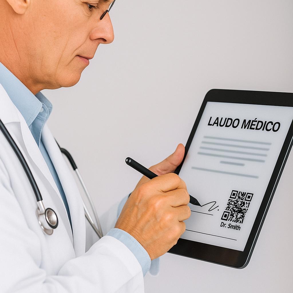 Médico assinando digitalmente um laudo com QR Code de autenticação