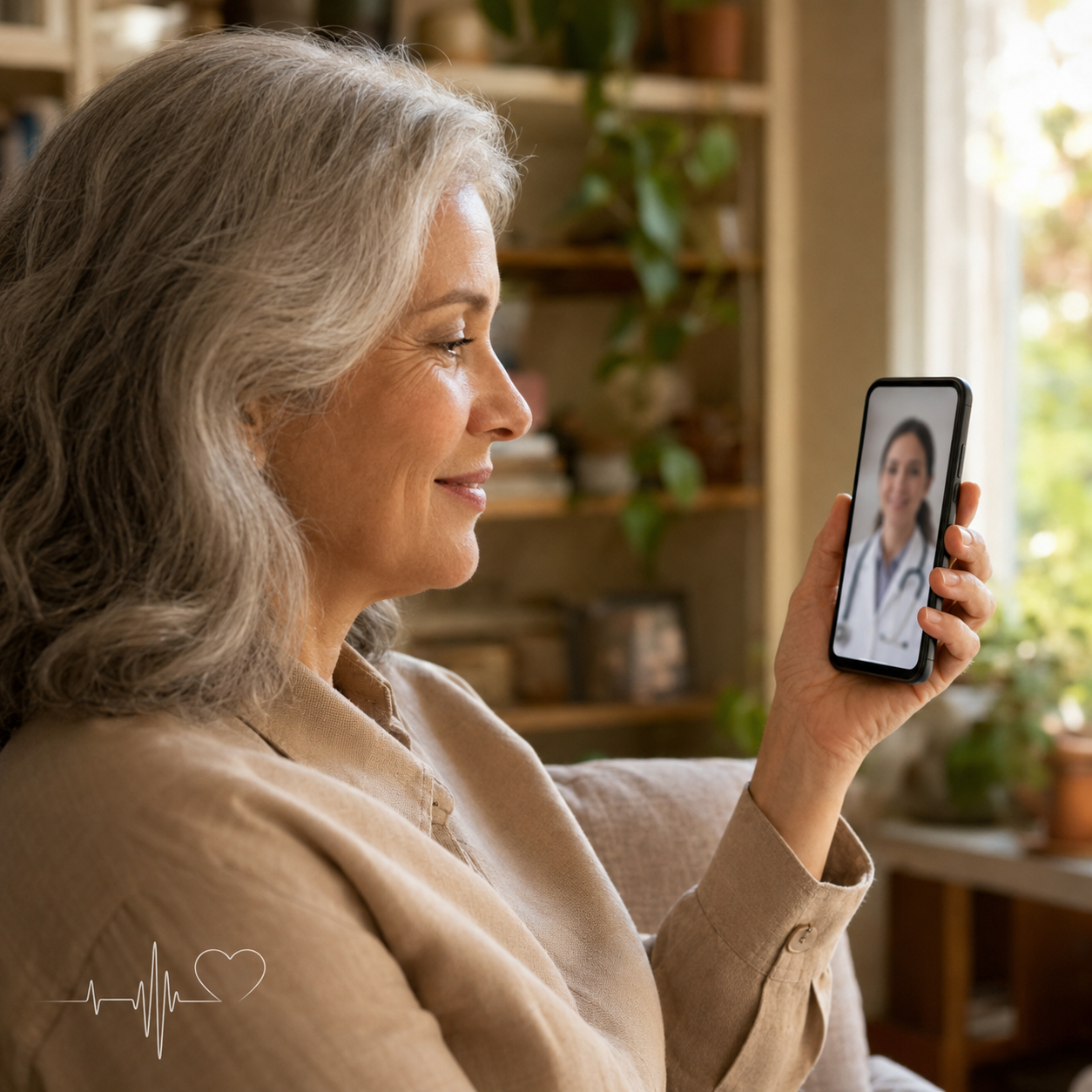 Paciente em videochamada médica pelo smartphone, vendo médica de jaleco branco na tela