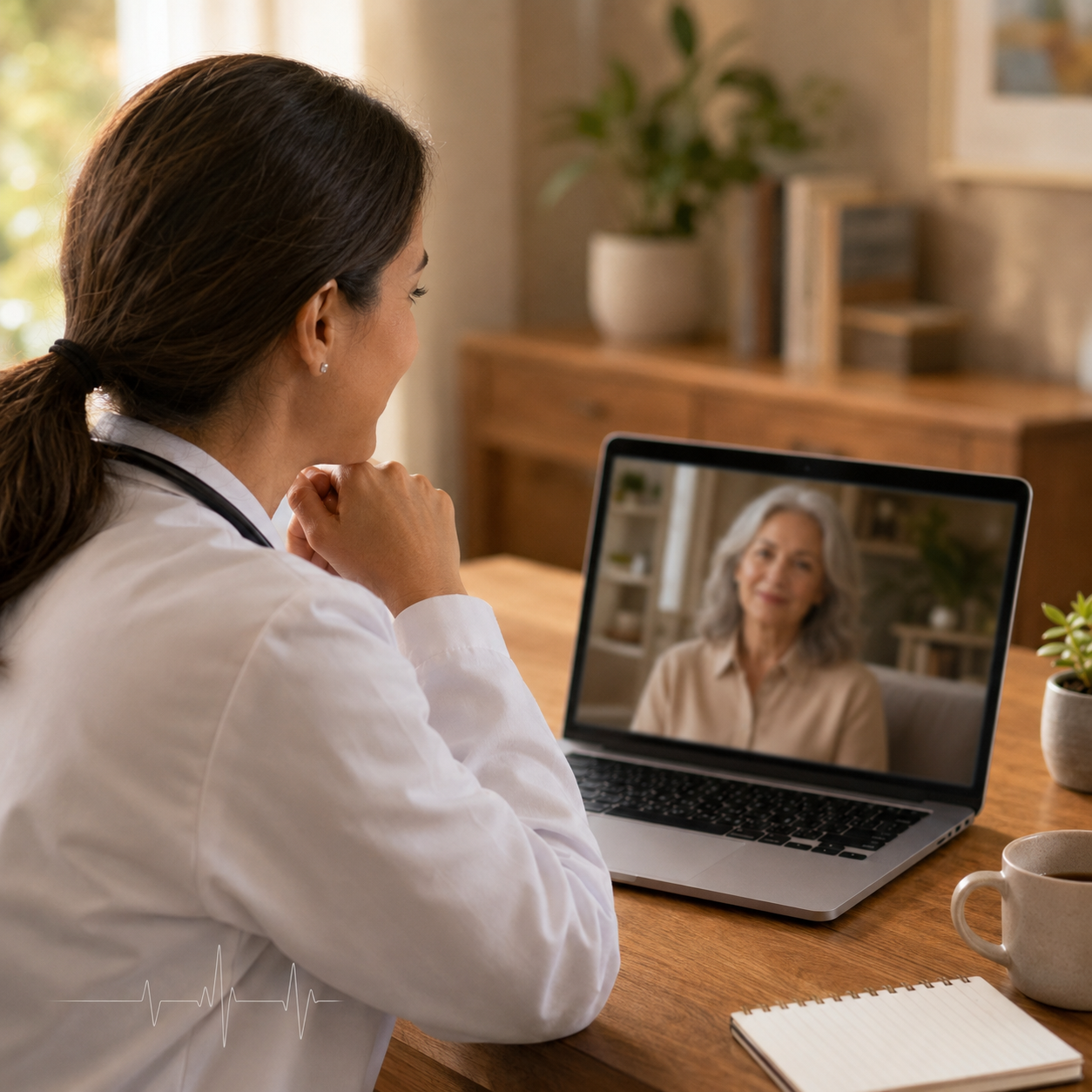 Médica em consulta online, vendo a paciente na tela do laptop