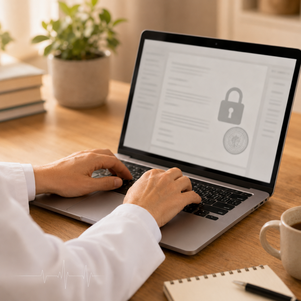 Médico digitando em laptop com documento protegido por cadeado digital, simbolizando segurança de dados