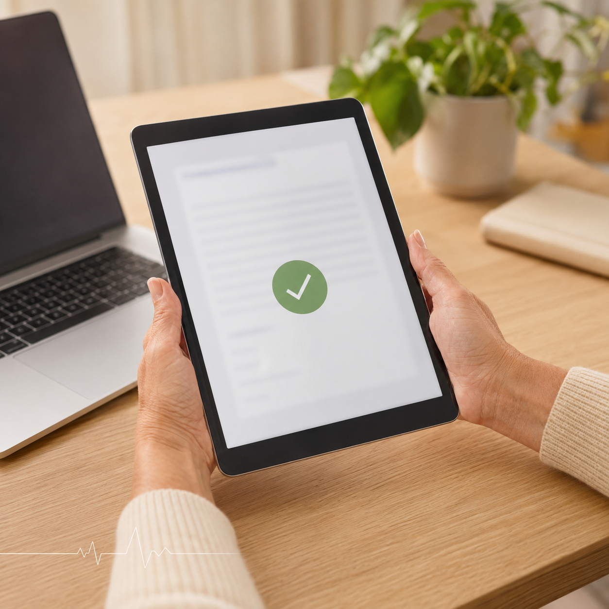 Pessoa recebendo documento médico digital confirmado em tablet