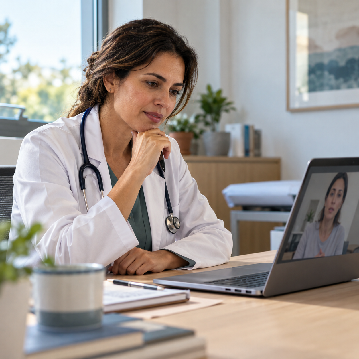 Médica em consulta por videochamada com paciente